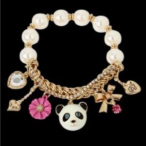 BETSEY JOHNSON Vintage Y2K Panda & Multiple Charms Pearl Charm Bracelet NEW NWT